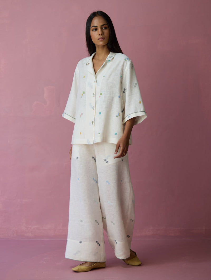 Imri Cuban Collared Jamdani Linen Co-ord Set - Ivory all linen by Manan in ivory color for women in Singapore