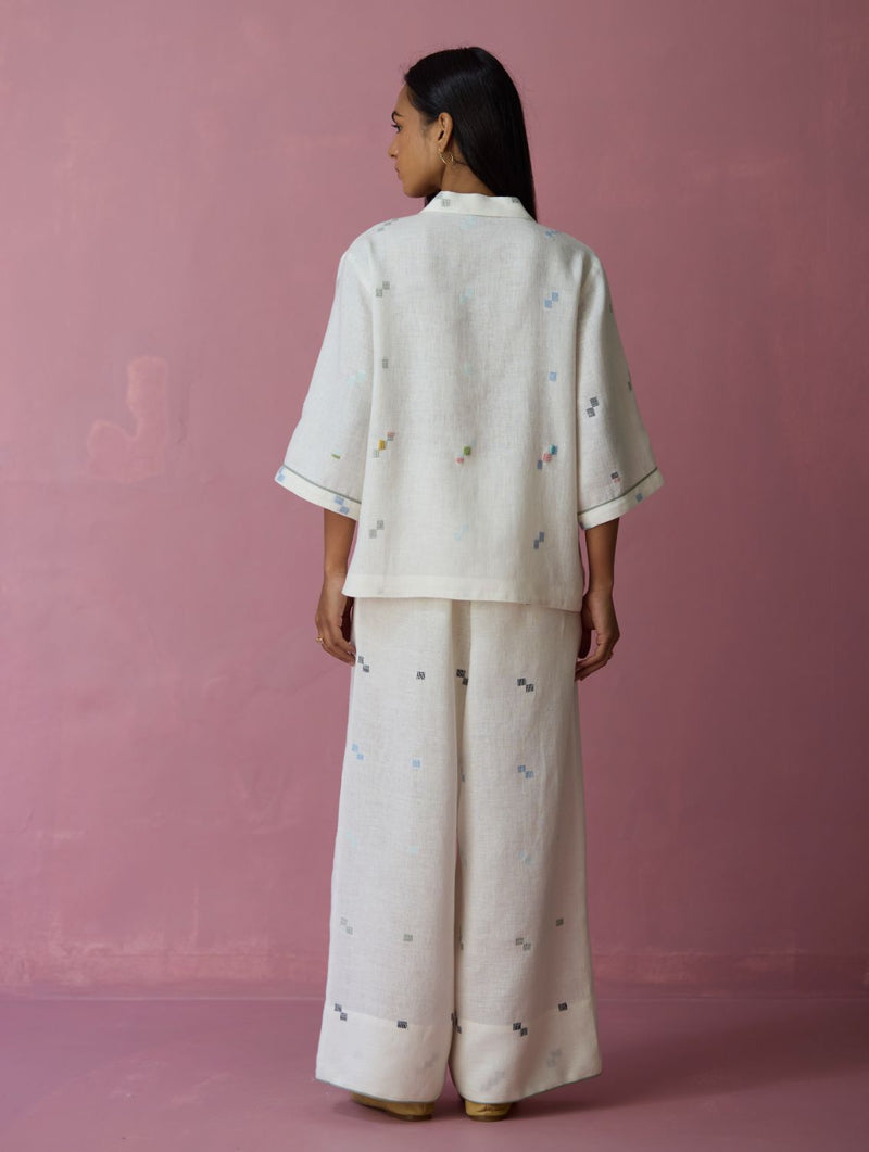 Imri Cuban Collared Jamdani Linen Co-ord Set - Ivory all linen by Manan in ivory color for women in Singapore