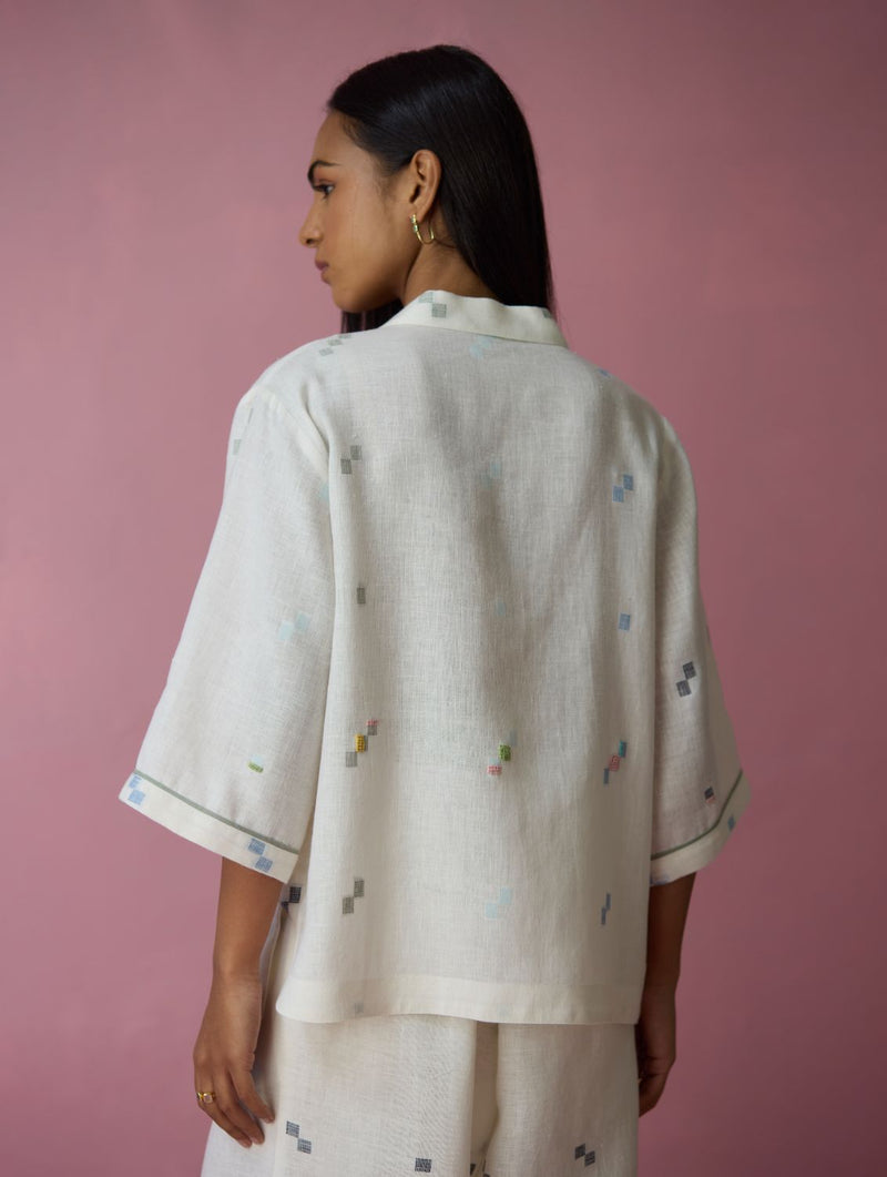 Imri Cuban Collared Jamdani Linen Co-ord Set - Ivory all linen by Manan in ivory color for women in Singapore