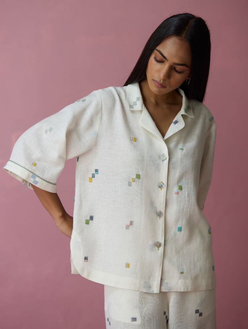 Imri Cuban Collared Jamdani Linen Co-ord Set - Ivory all linen by Manan in ivory color for women in Singapore