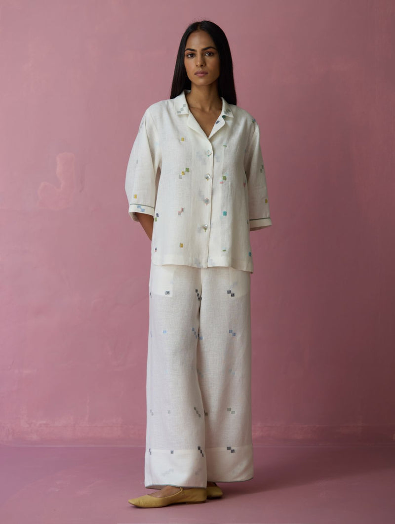 Imri Cuban Collared Jamdani Linen Co-ord Set - Ivory all linen by Manan in ivory color for women in Singapore