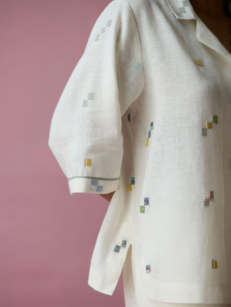 Imri Cuban Collared Jamdani Linen Co-ord Set - Ivory all linen by Manan in ivory color for women in Singapore