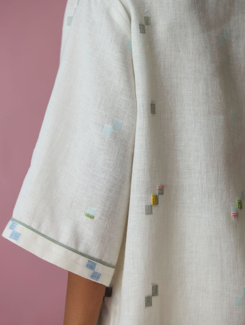 Imri Cuban Collared Jamdani Linen Co-ord Set - Ivory all linen by Manan in ivory color for women in Singapore