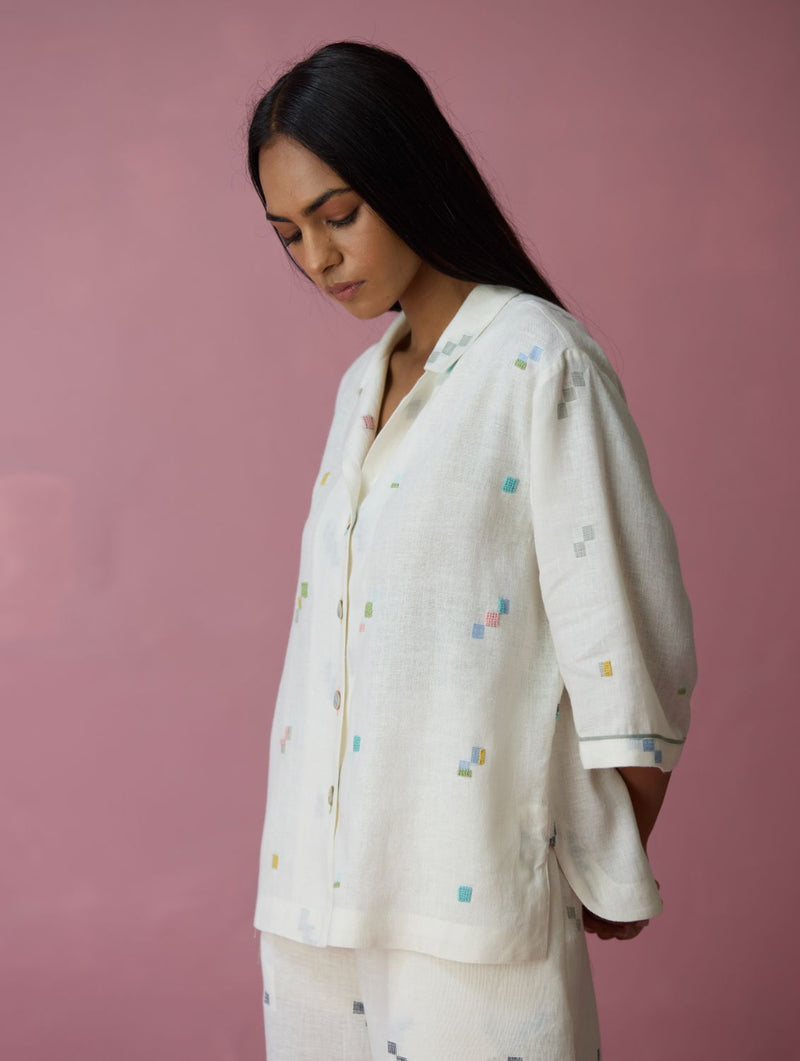 Imri Cuban Collared Jamdani Linen Co-ord Set - Ivory all linen by Manan in ivory color for women in Singapore