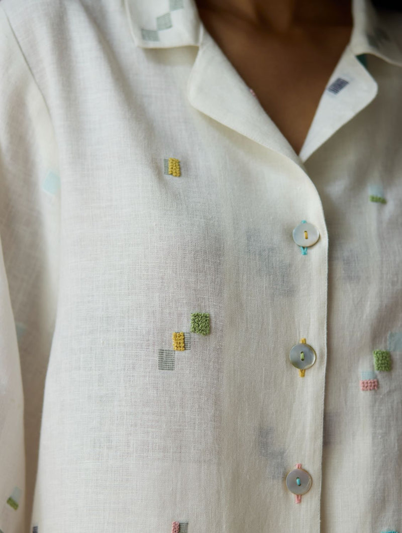 Imri Cuban Collared Jamdani Linen Co-ord Set - Ivory all linen by Manan in ivory color for women in Singapore