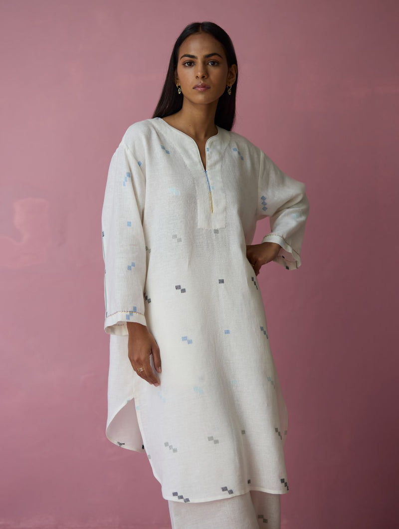 Ikara Jamdani Linen Kurta Set - Ivory all linen by Manan in ivory color for women in Singapore