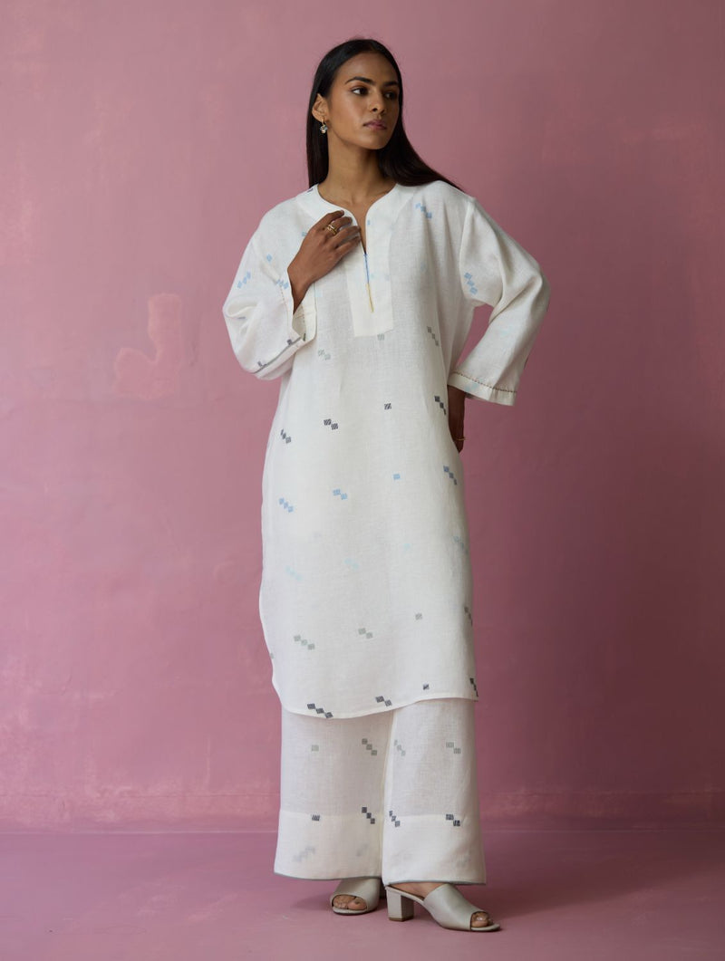Ikara Jamdani Linen Kurta Set - Ivory all linen by Manan in ivory color for women in Singapore