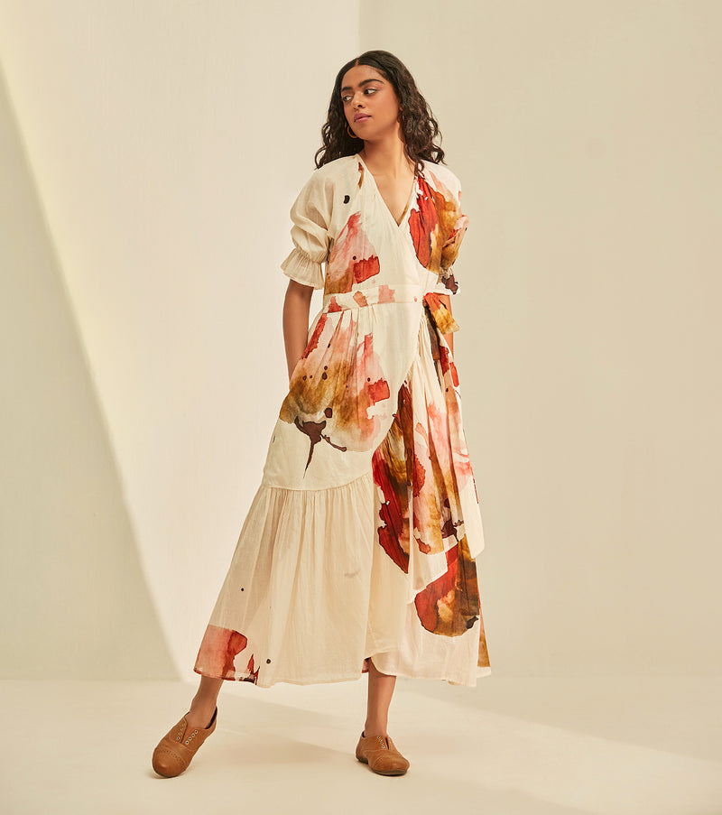 Wild poppy wrap Dress cotton by Khara Kapas in white for women in Singapore