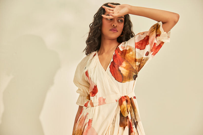 Wild poppy wrap Dress cotton by Khara Kapas in white for women in Singapore