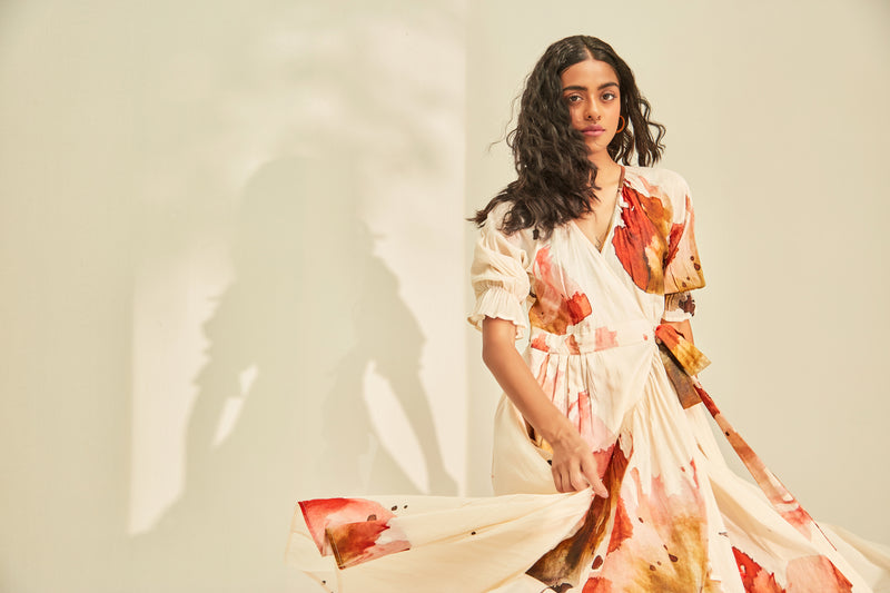 Wild poppy wrap Dress cotton by Khara Kapas in white for women in Singapore