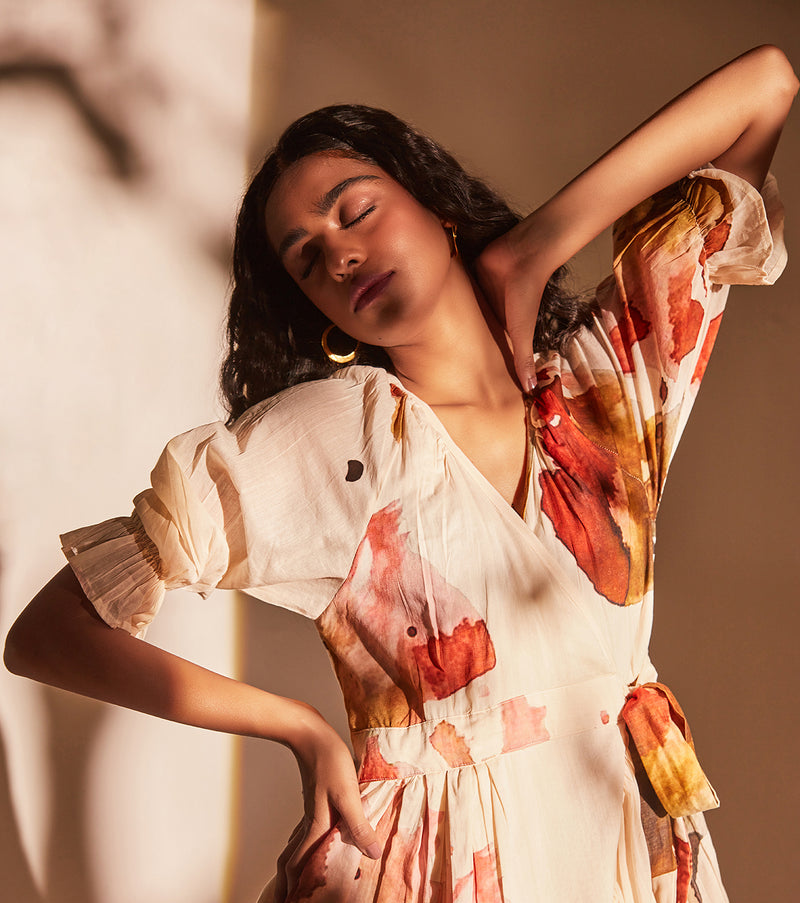 Wild poppy wrap Dress cotton by Khara Kapas in white for women in Singapore