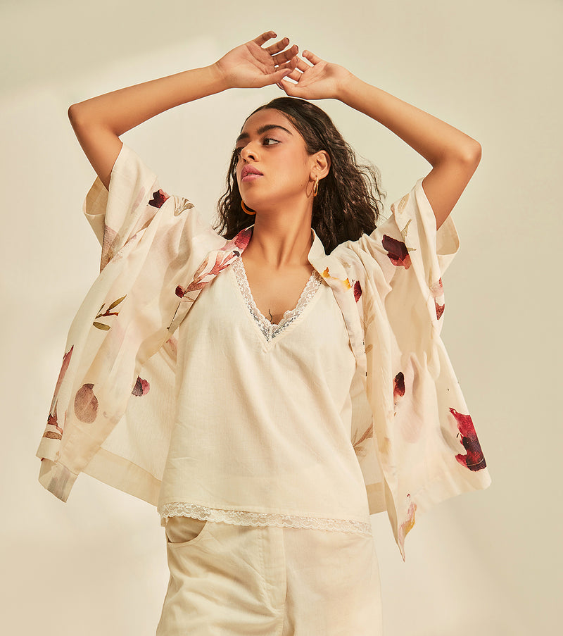 Blossom Cape Shrug cotton by Khara Kapas in white for women in Singapore