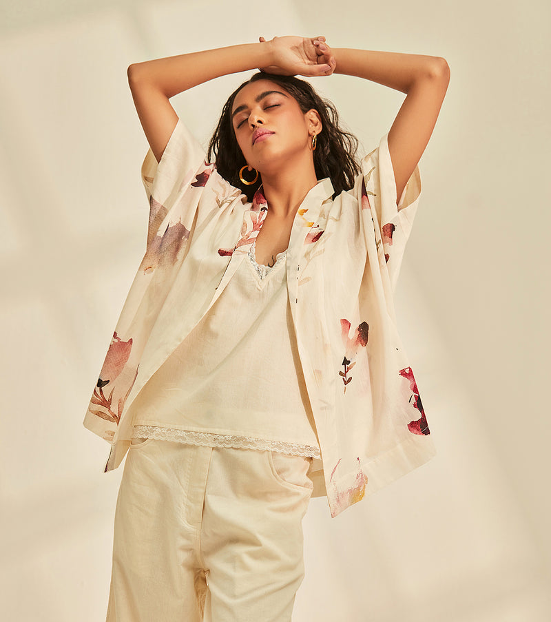 Blossom Cape Shrug cotton by Khara Kapas in white for women in Singapore