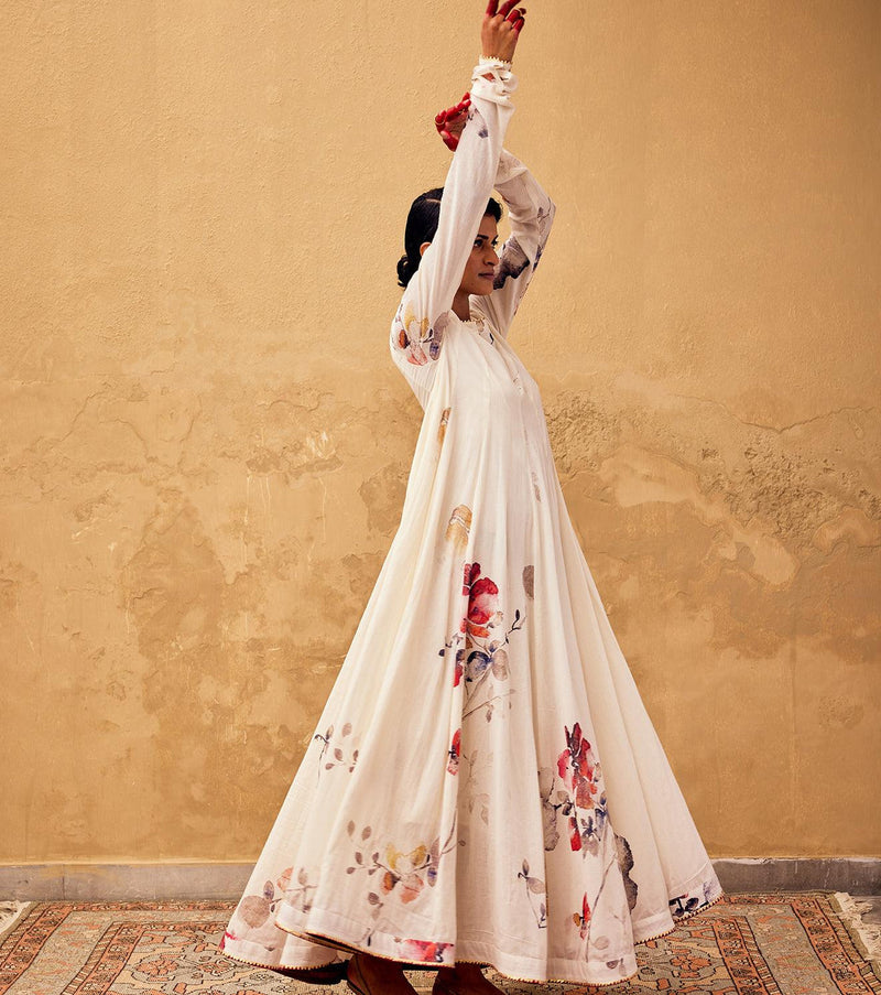 Gulbahar Anarkali Gown cotton dress by Khara Kapas in off white for women in Singapore