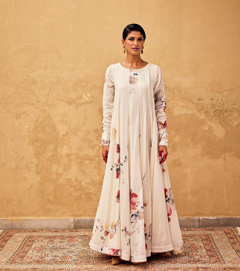 Gulbahar Anarkali Gown cotton dress by Khara Kapas in off white for women in Singapore