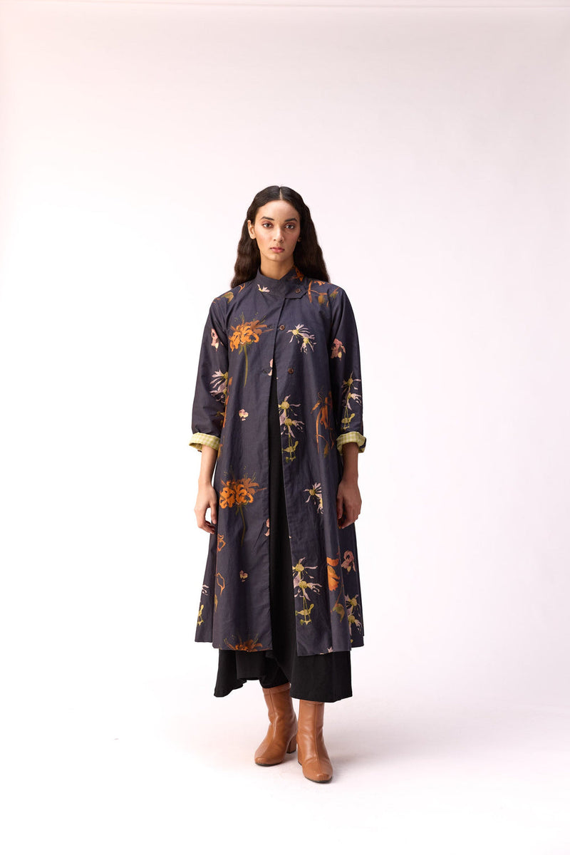 Smoky Flora Trench Dress cotton jacket/overlay by Khara Kapas in charcoal for women in Singapore