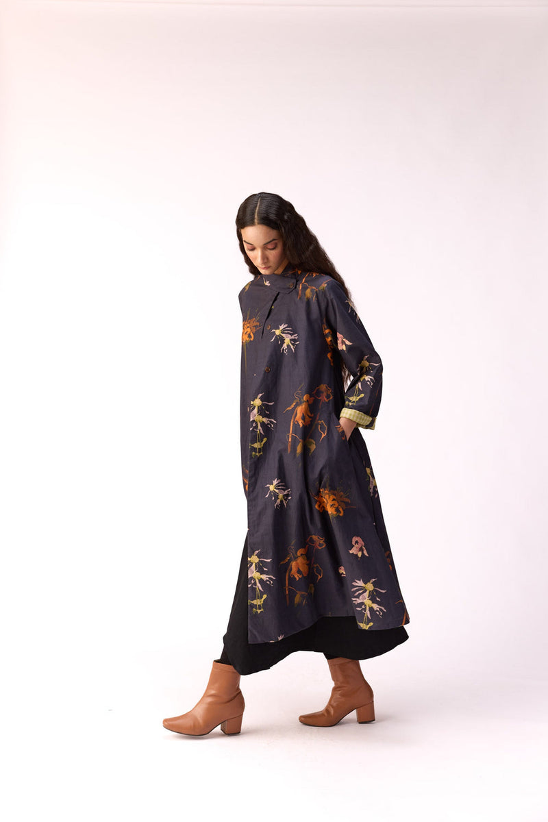 Smoky Flora Trench Dress cotton jacket/overlay by Khara Kapas in charcoal for women in Singapore