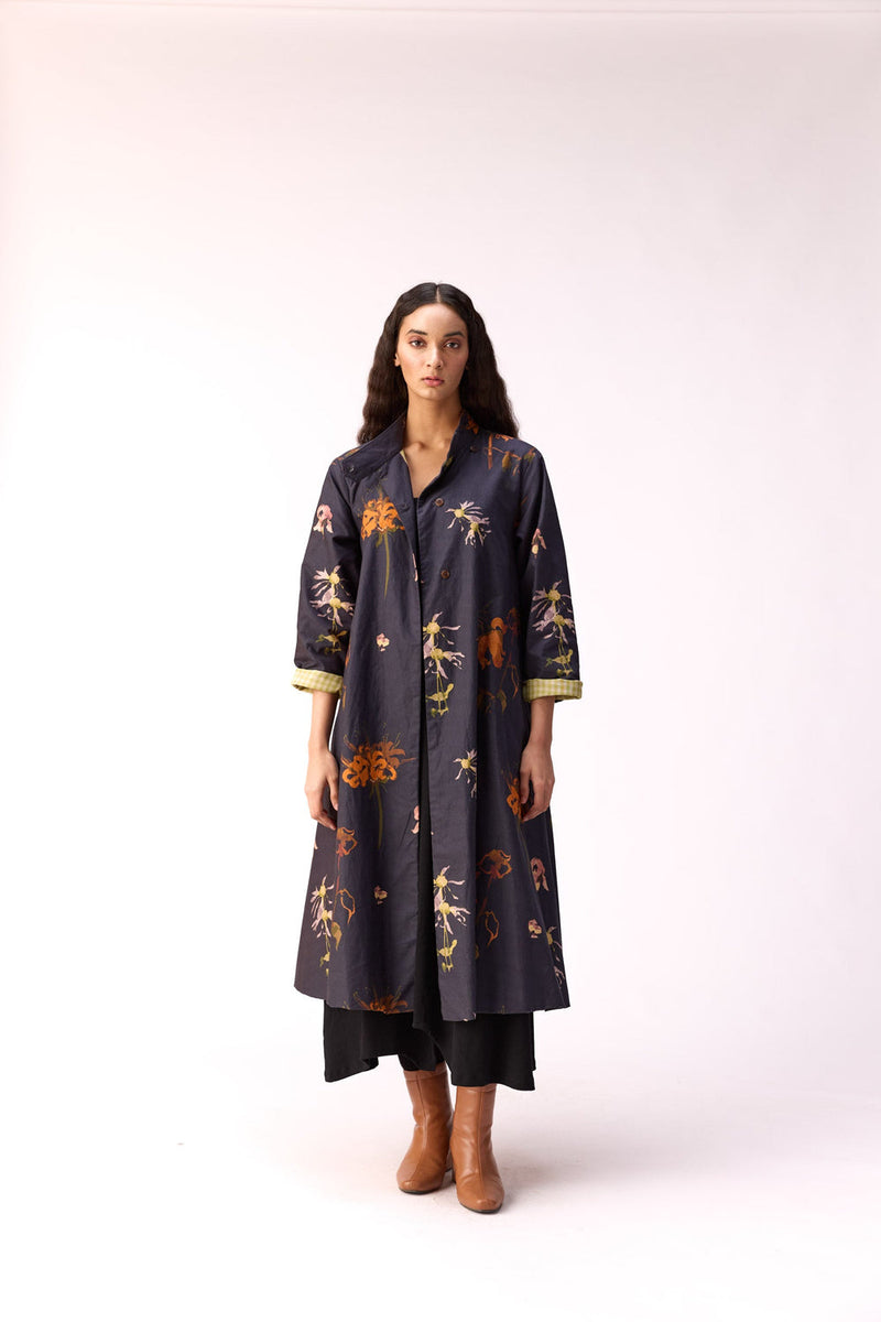Smoky Flora Trench Dress cotton jacket/overlay by Khara Kapas in charcoal for women in Singapore