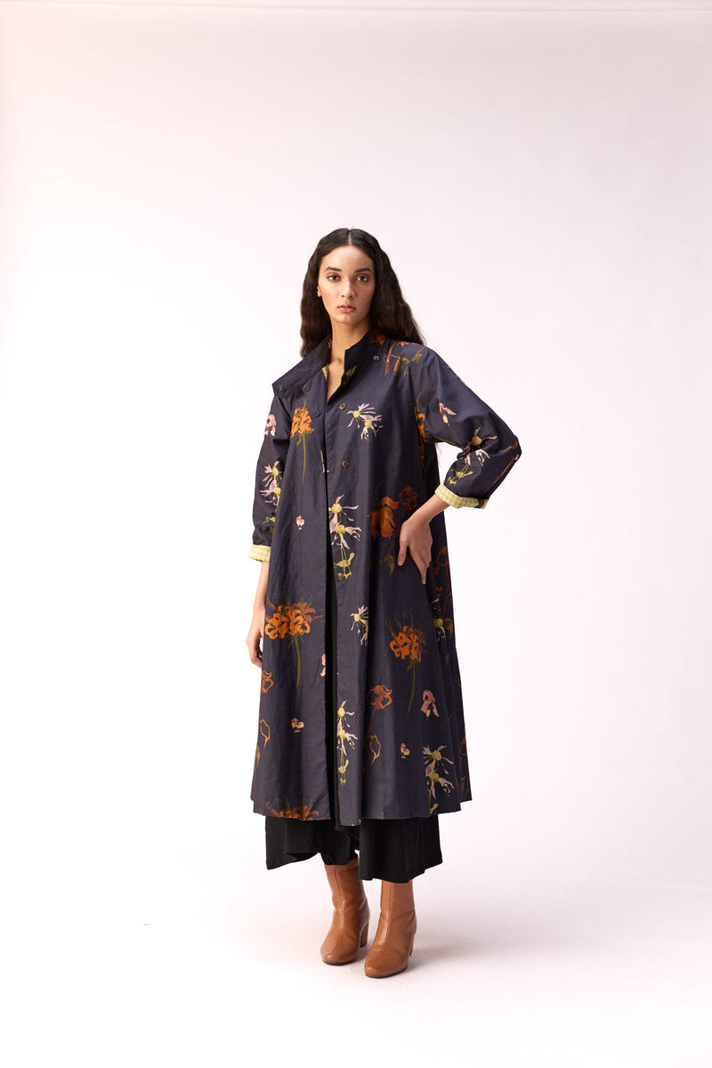 Smoky Flora Trench Dress cotton jacket/overlay by Khara Kapas in charcoal for women in Singapore