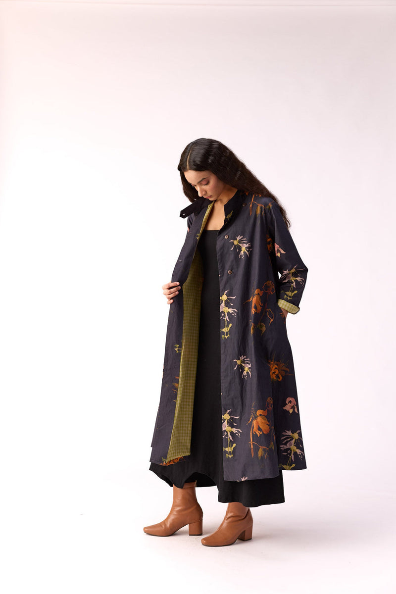 Smoky Flora Trench Dress cotton jacket/overlay by Khara Kapas in charcoal for women in Singapore
