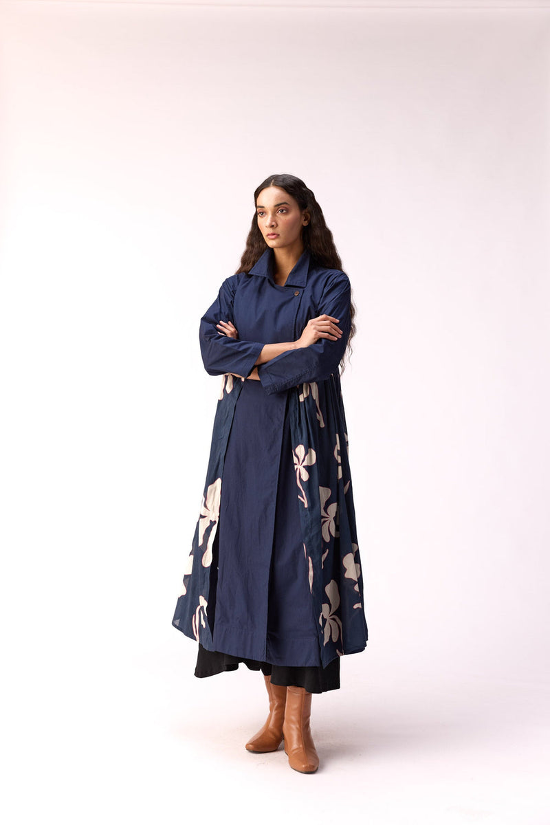 Sapphire Garden Trench Coat cotton jacket/overlay by Khara Kapas in blue for women in Singapore