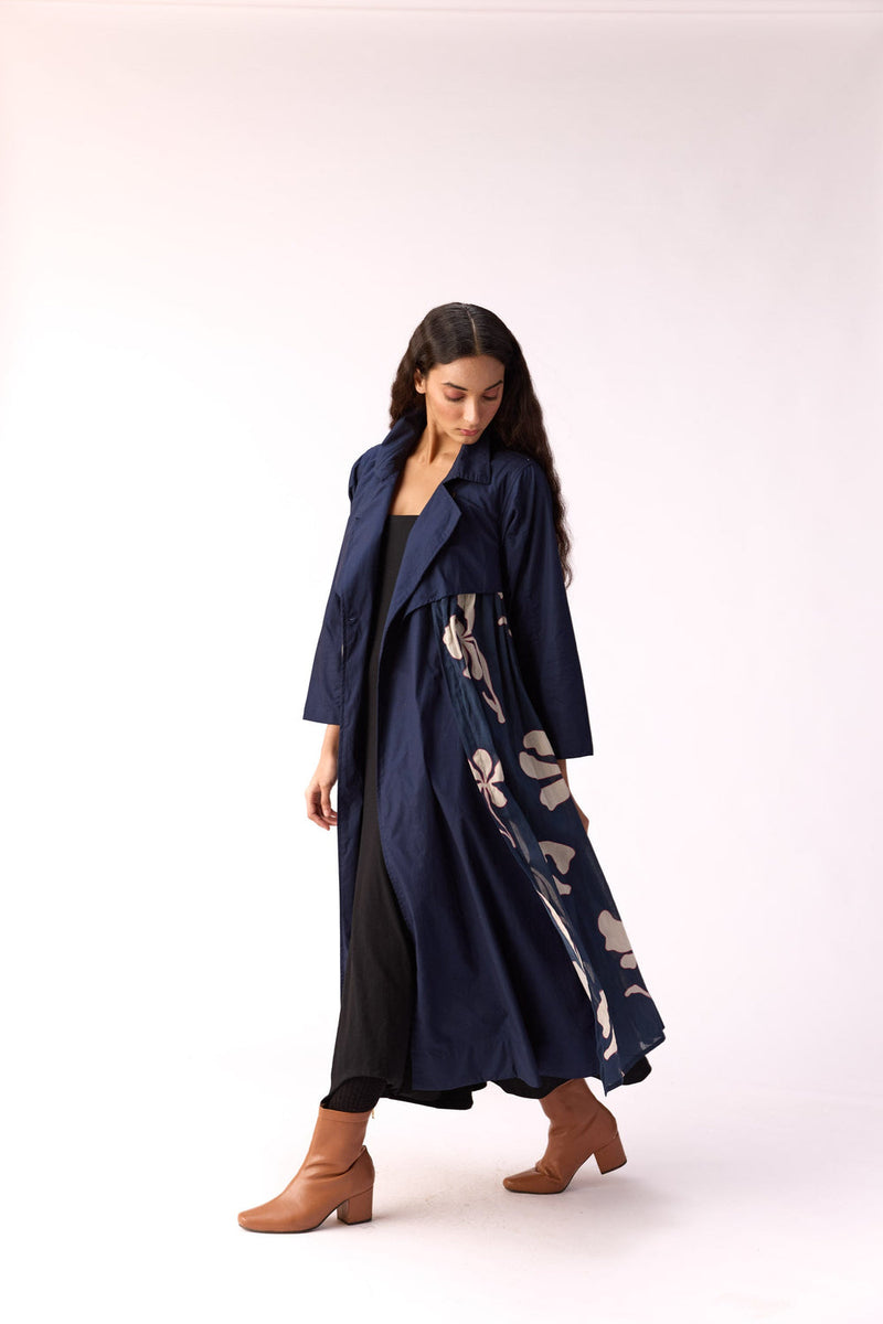 Sapphire Garden Trench Coat cotton jacket/overlay by Khara Kapas in blue for women in Singapore