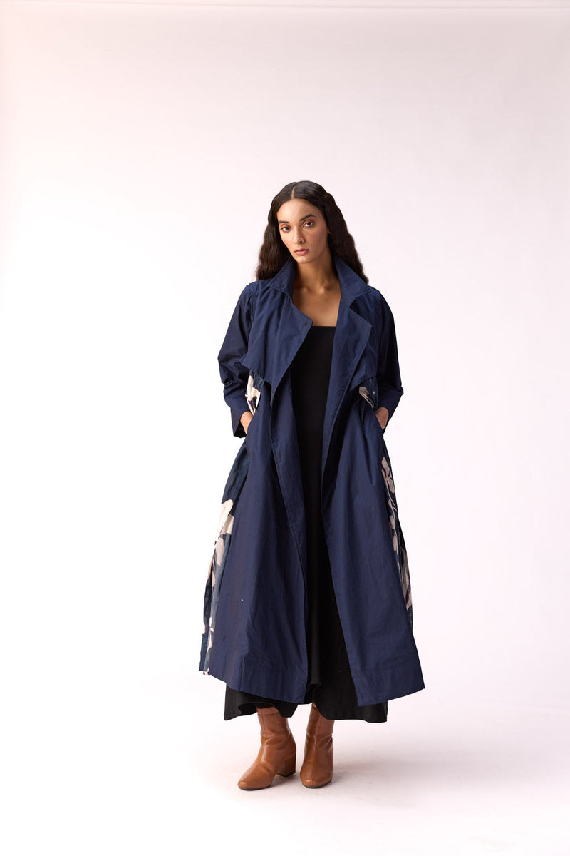 Sapphire Garden Trench Coat cotton jacket/overlay by Khara Kapas in blue for women in Singapore