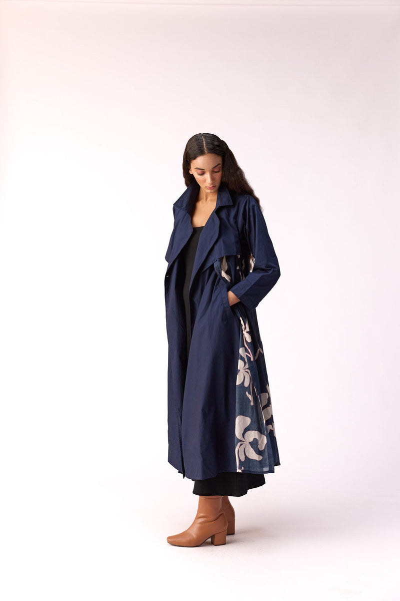 Sapphire Garden Trench Coat cotton jacket/overlay by Khara Kapas in blue for women in Singapore