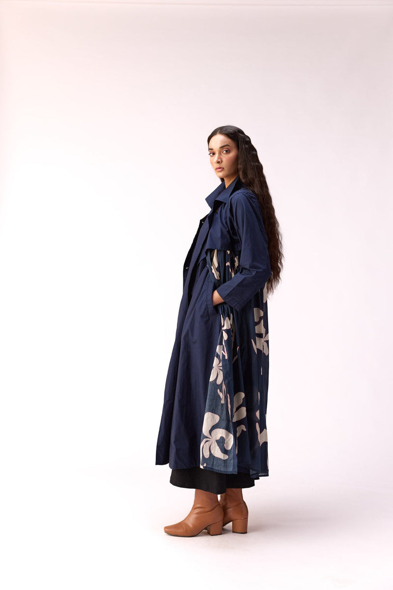 Sapphire Garden Trench Coat cotton jacket/overlay by Khara Kapas in blue for women in Singapore