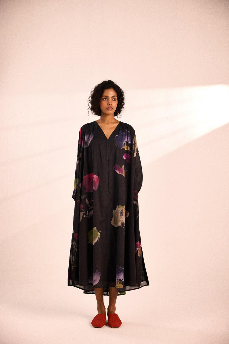 Dusky fleurs Dress by Khara Kapas in black for women in Singapore