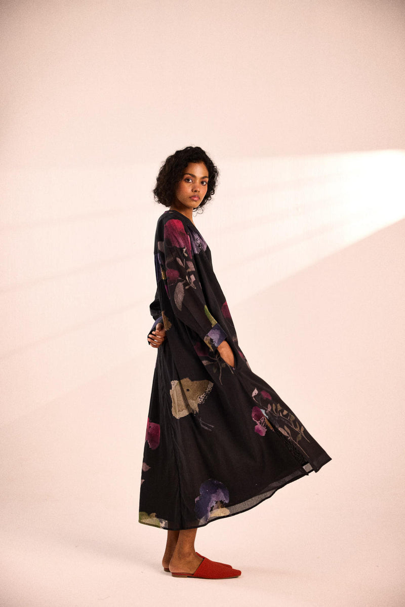 Dusky fleurs Dress by Khara Kapas in black for women in Singapore