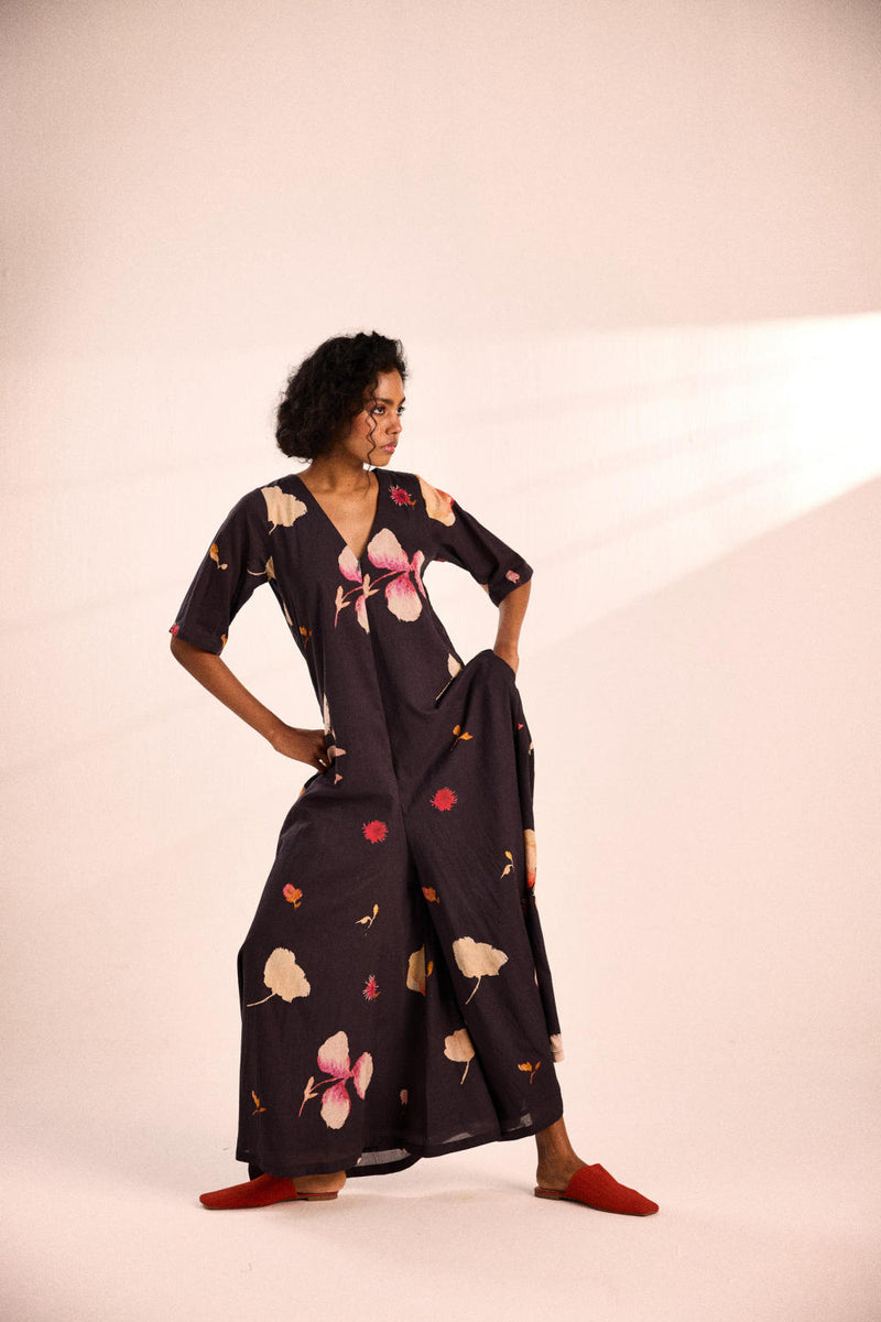 Charcoal gardens jumpsuit by Khara Kapas in charcoal for women in Singapore