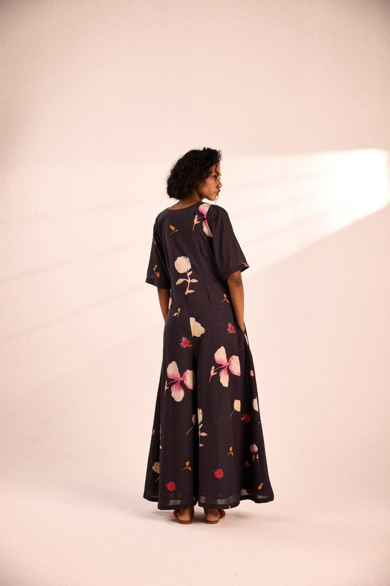 Charcoal gardens jumpsuit by Khara Kapas in charcoal for women in Singapore