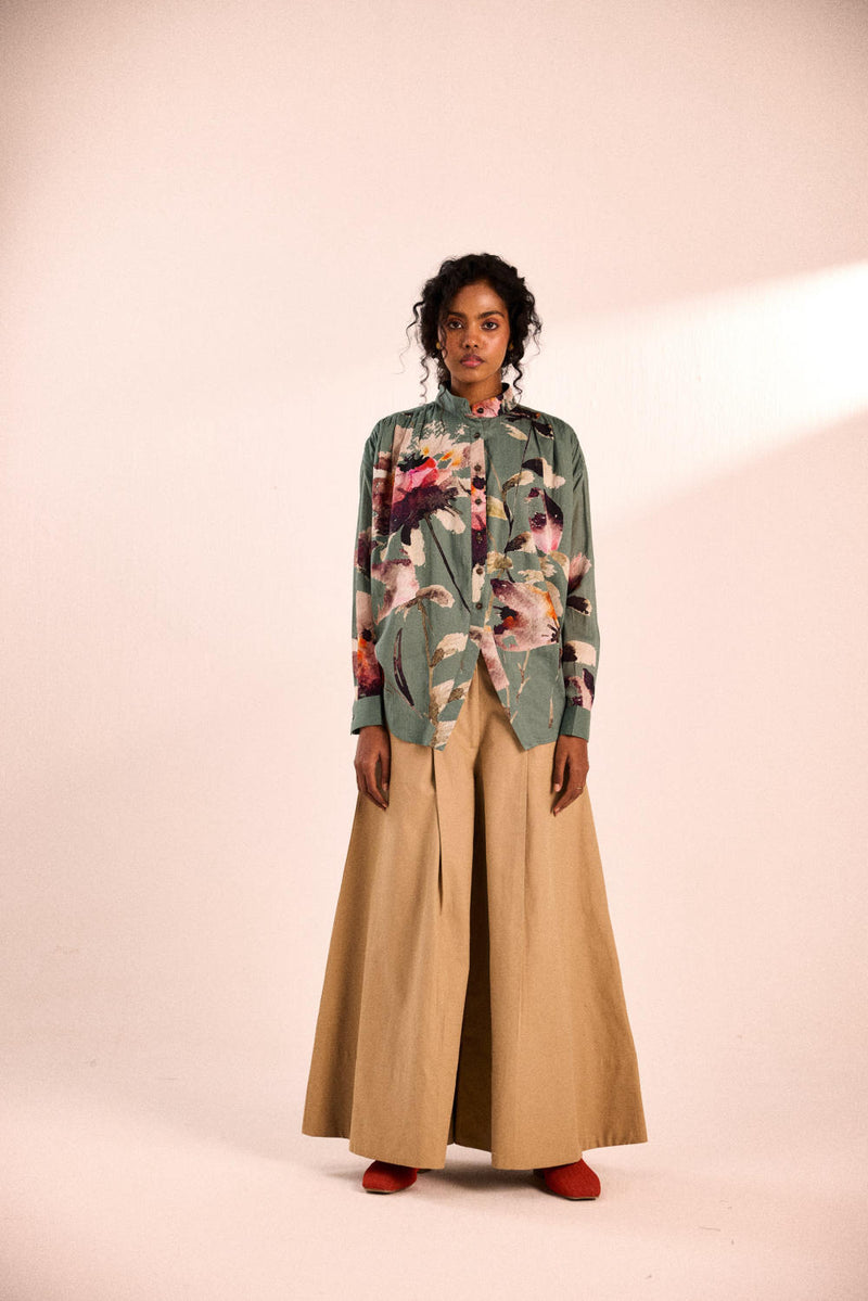 Aqua floral top by Khara Kapas in blue for women in Singapore