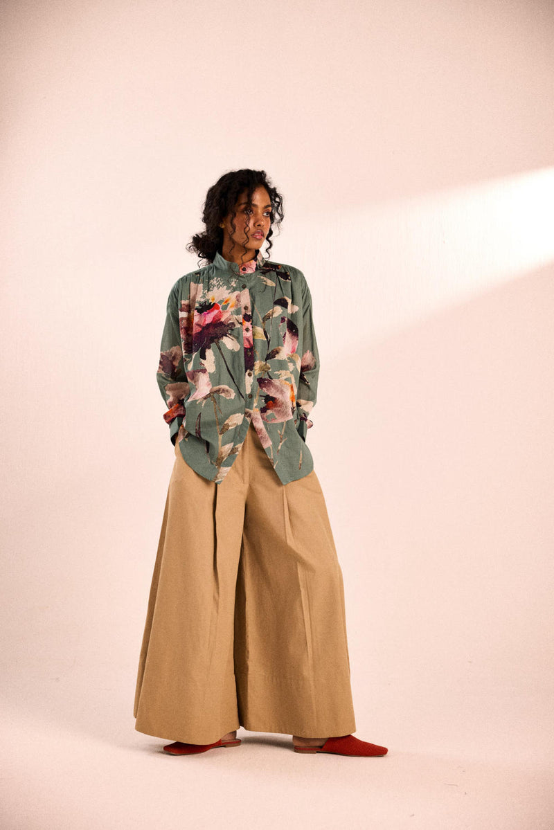 Aqua floral top by Khara Kapas in blue for women in Singapore