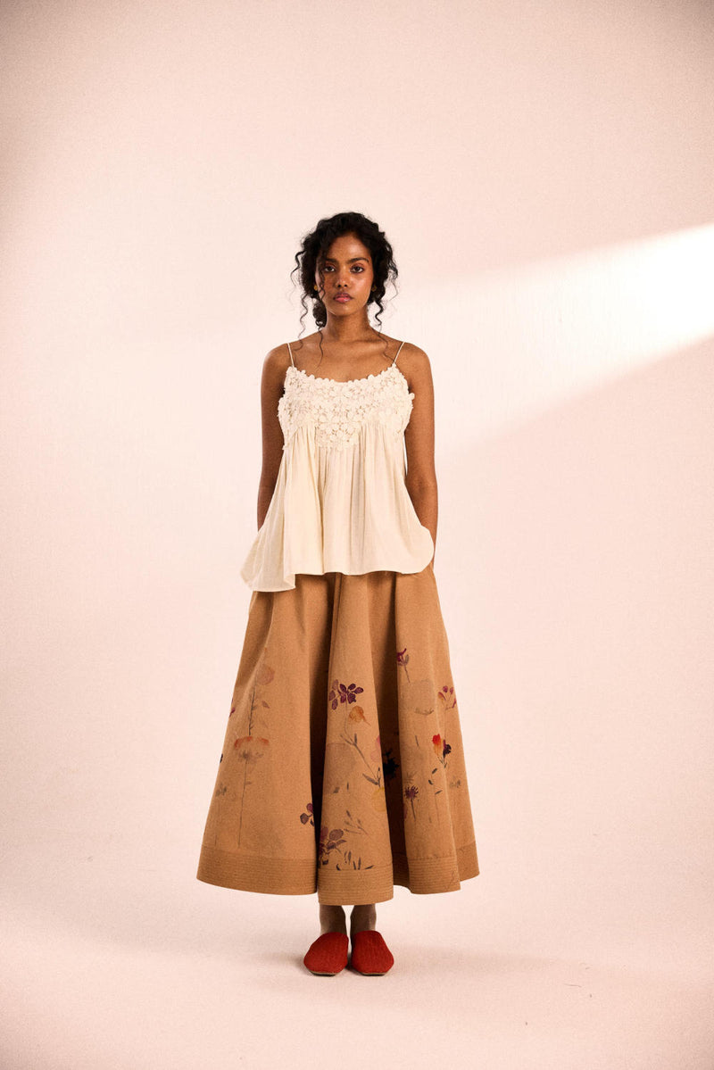 Floral mocha skirt twill by Khara Kapas in brown for women in Singapore