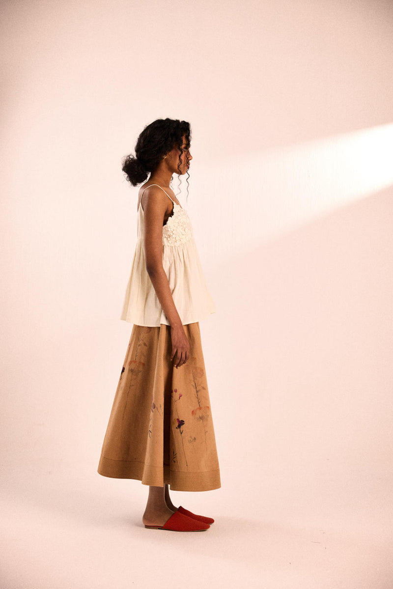 Floral mocha skirt twill by Khara Kapas in brown for women in Singapore