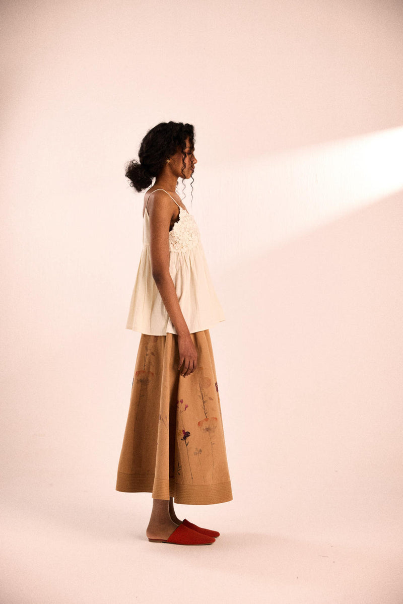 Floral mocha skirt twill by Khara Kapas in brown for women in Singapore