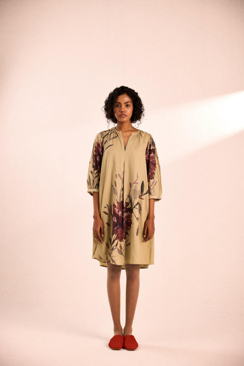 Moss bloom dress by Khara Kapas in olive for women in Singapore
