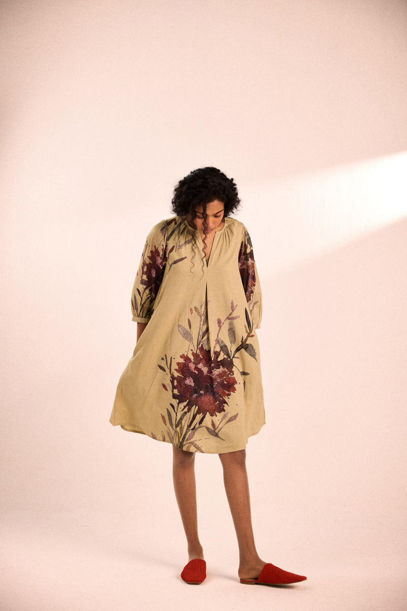 Moss bloom dress by Khara Kapas in olive for women in Singapore