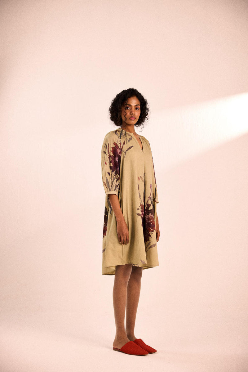 Moss bloom dress by Khara Kapas in olive for women in Singapore