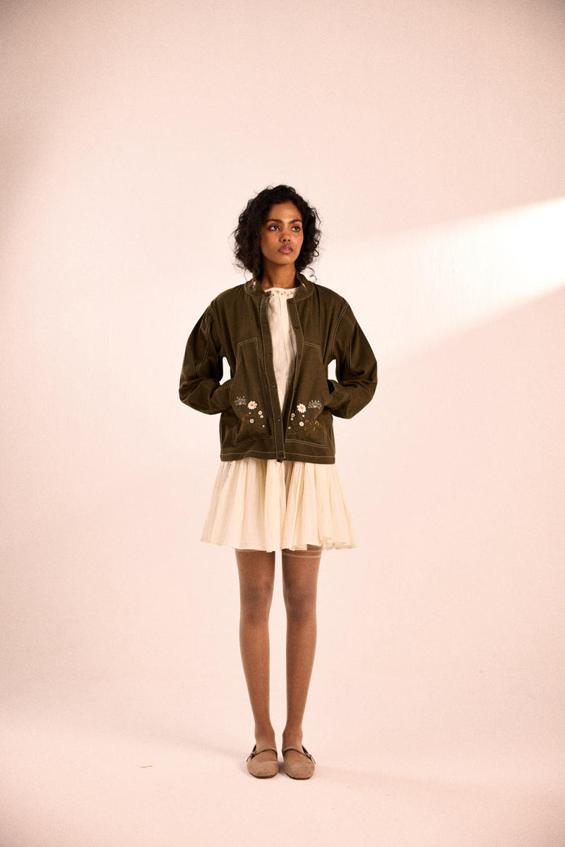 Sage flora jacket twill by Khara Kapas in olive for women in Singapore
