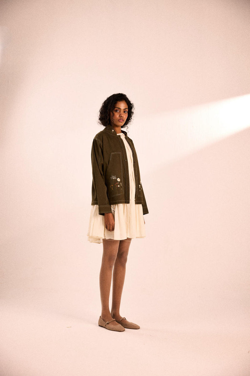 Sage flora jacket twill by Khara Kapas in olive for women in Singapore