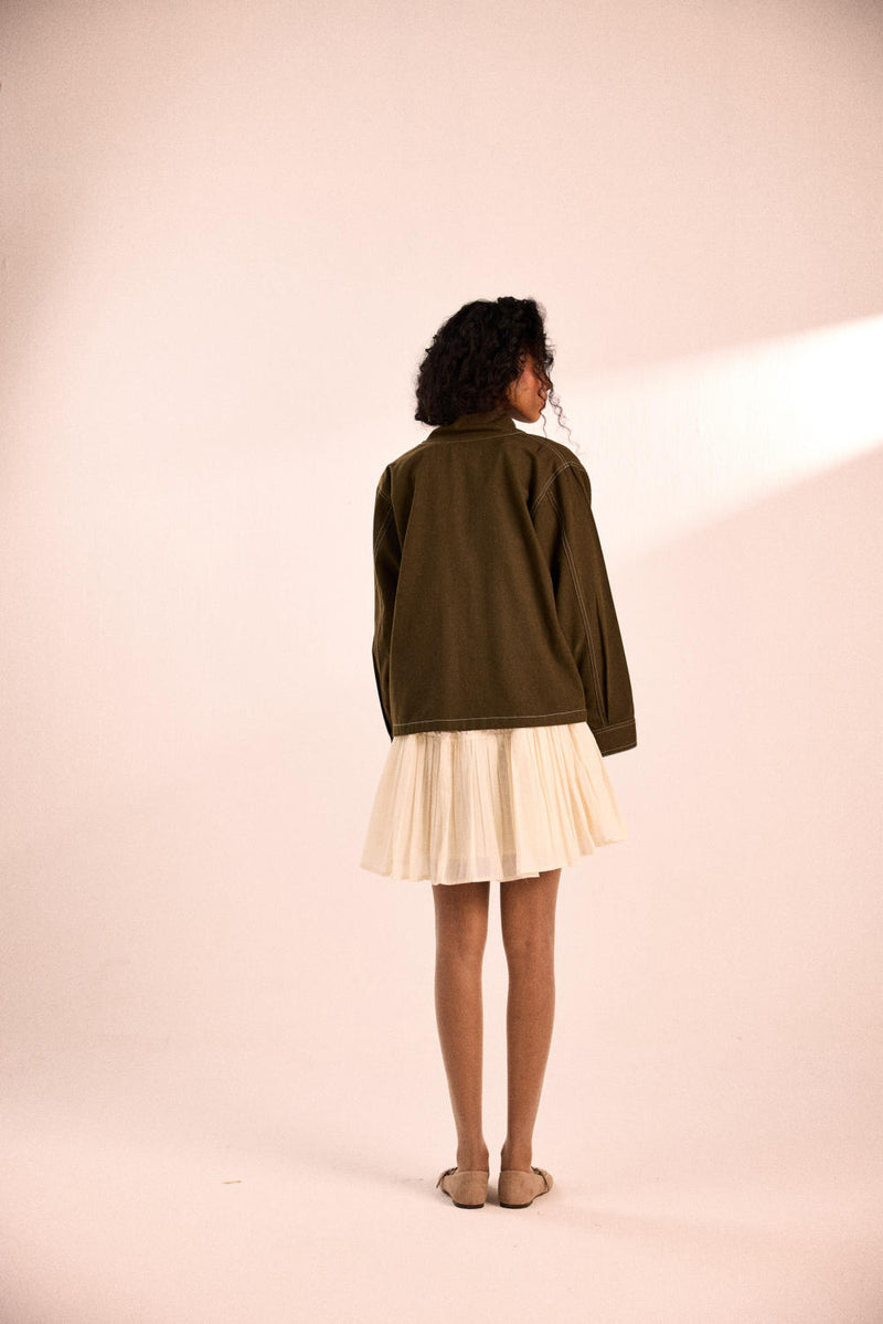 Sage flora jacket twill by Khara Kapas in olive for women in Singapore