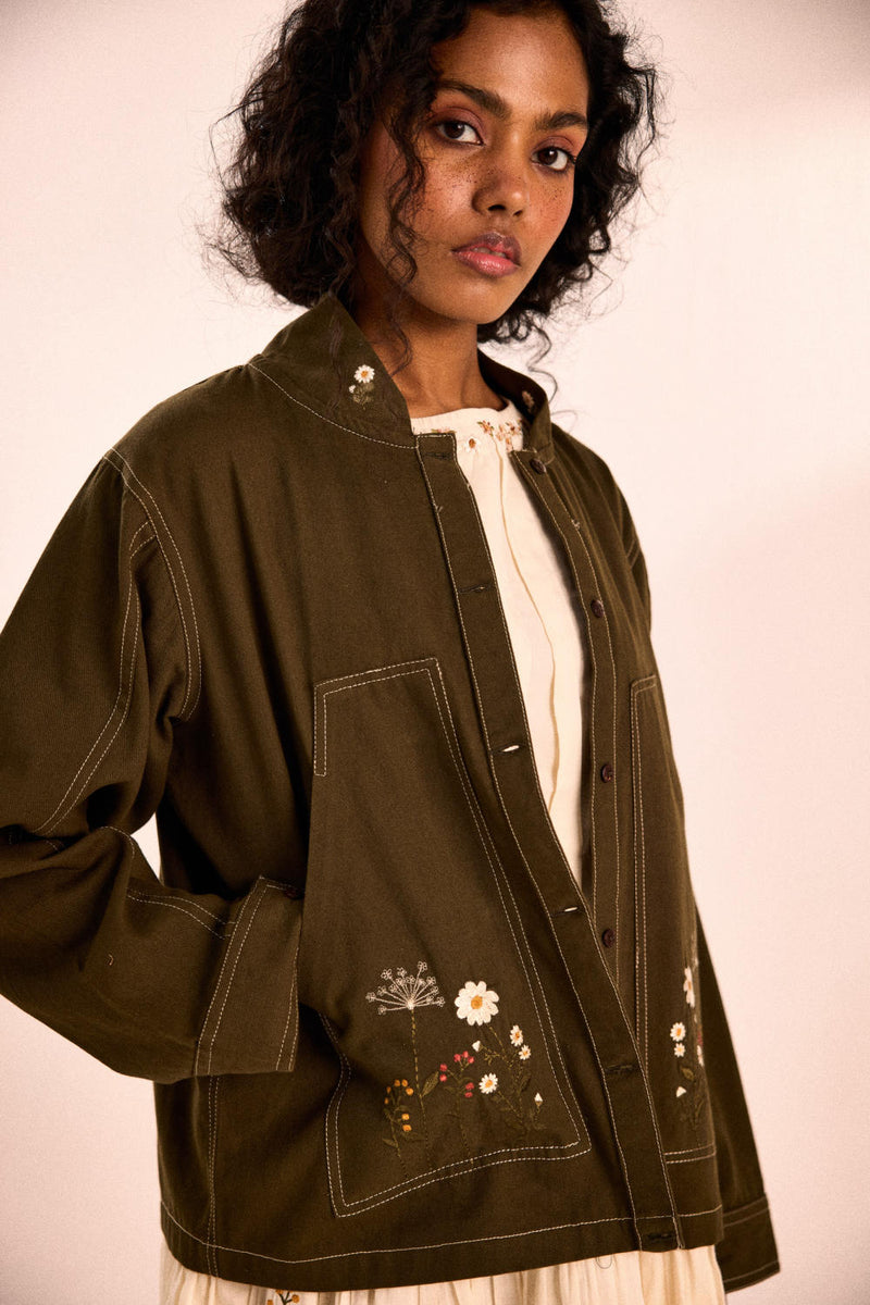 Sage flora jacket twill by Khara Kapas in olive for women in Singapore