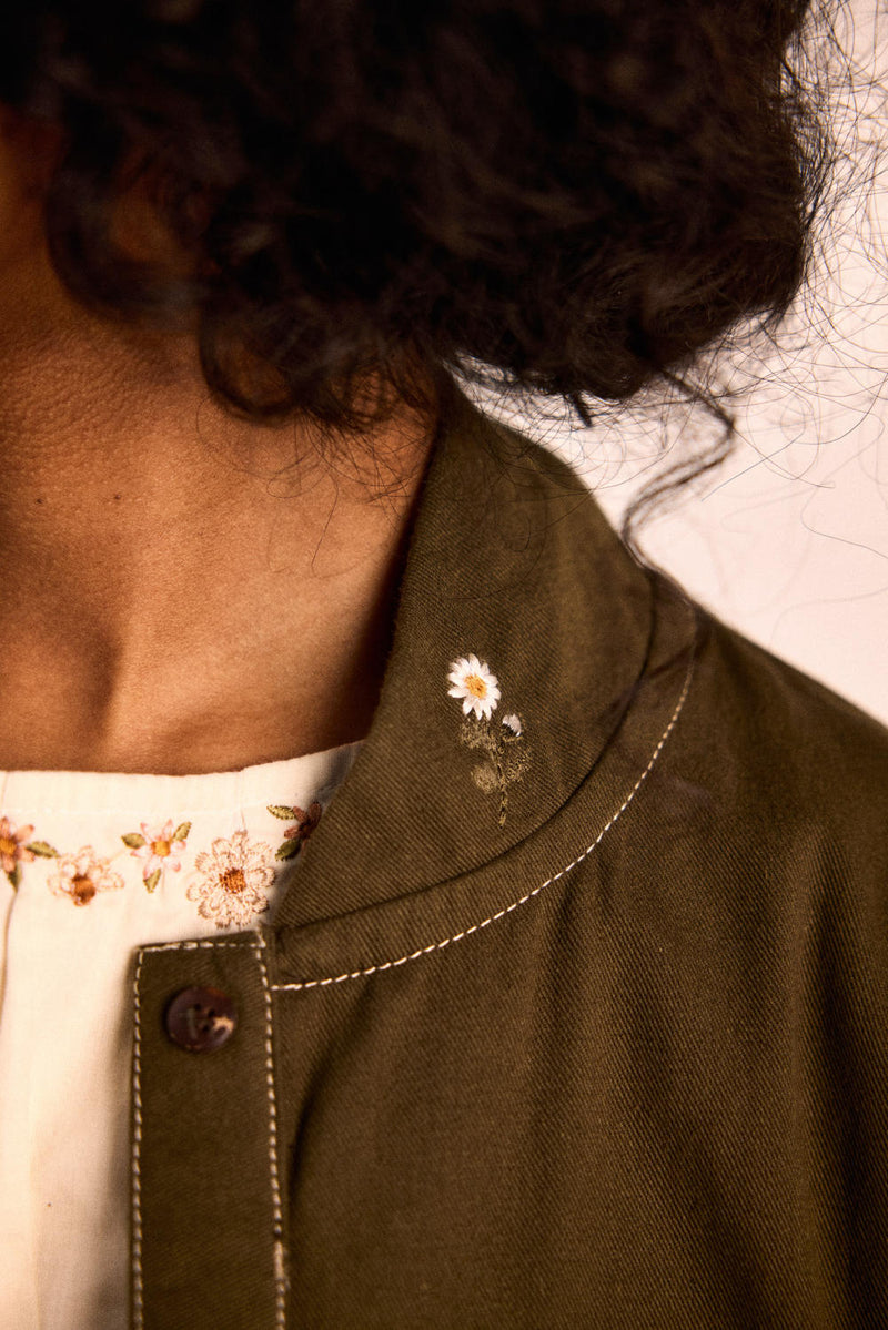 Sage flora jacket twill by Khara Kapas in olive for women in Singapore