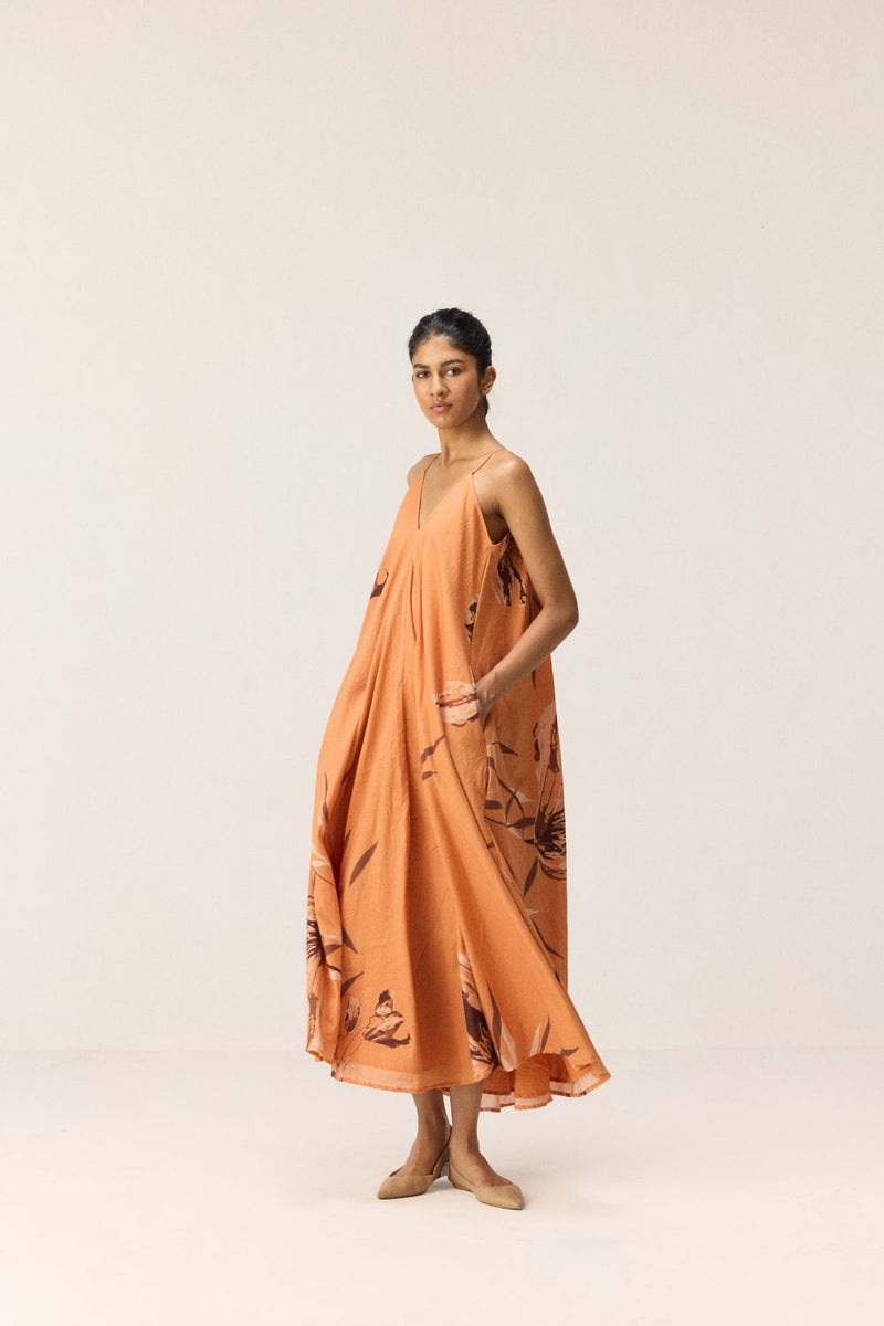 Flame Leaves mul dress by Khara Kapas in orange for women in Singapore