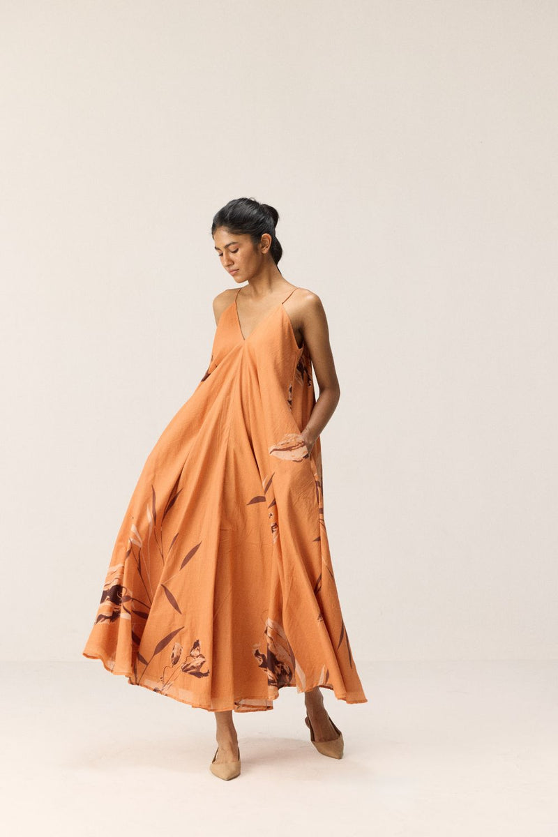 Flame Leaves mul dress by Khara Kapas in orange for women in Singapore