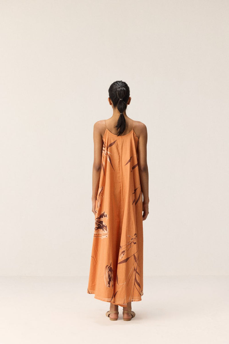 Flame Leaves mul dress by Khara Kapas in orange for women in Singapore