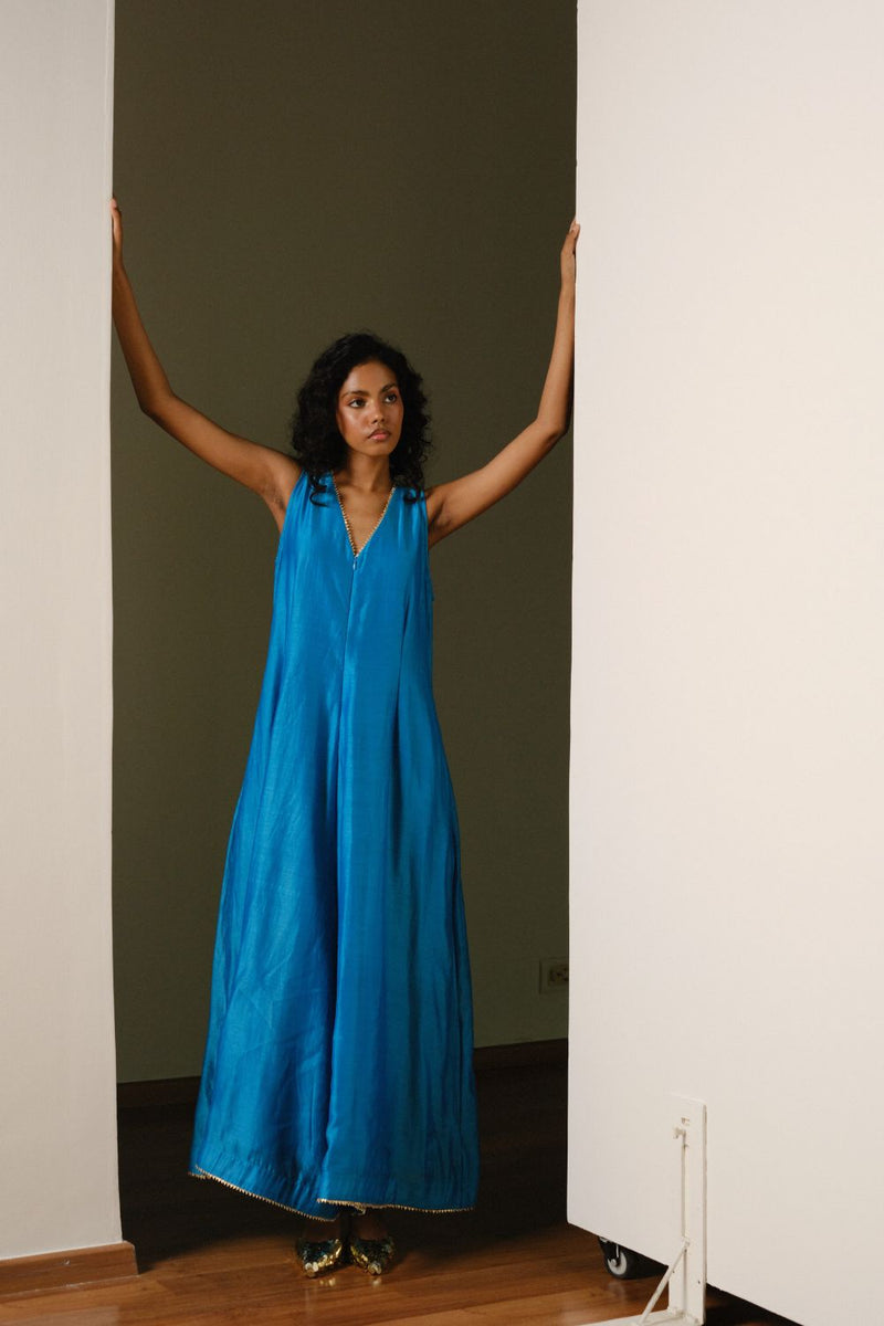 Ambar Jumpsuit chanderi by Khara Kapas in blue for women in Singapore